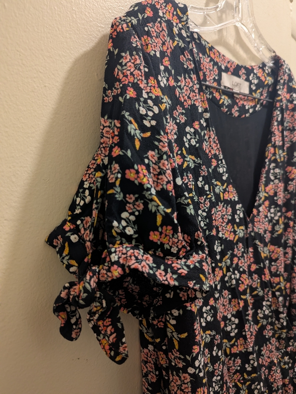 LOFT Black Floral Wrap Romper with Pink & Cream Flowers V-neck Tie Waist- 14 - Picture 8 of 16